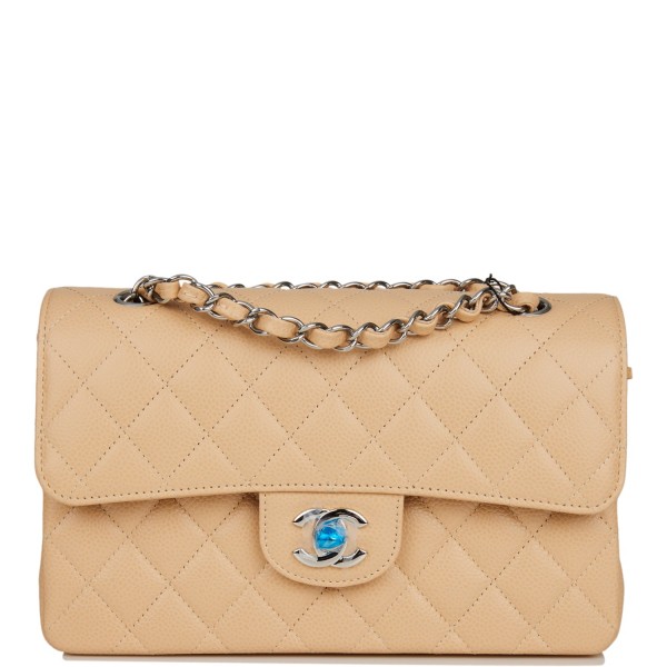 Chanel Small Classic Double Flap Bag Beige Caviar Silver Hardware