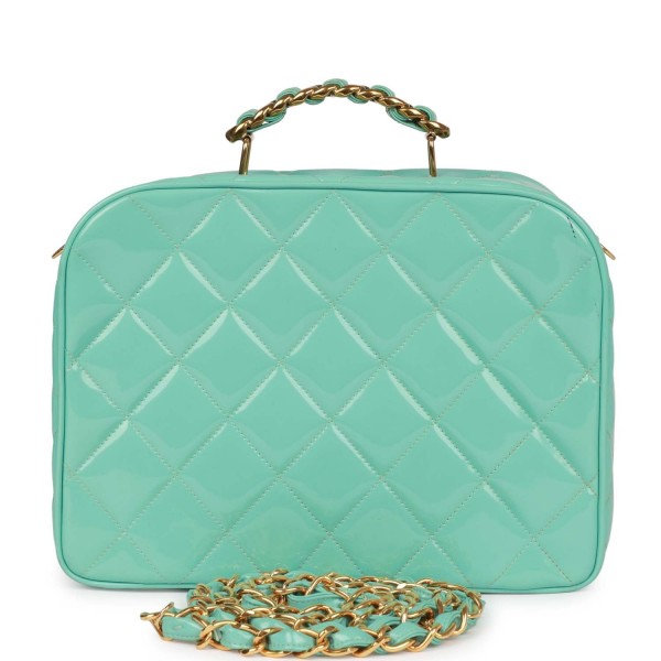 Vintage Chanel Vanity Case Bag Turquoise Patent Go...