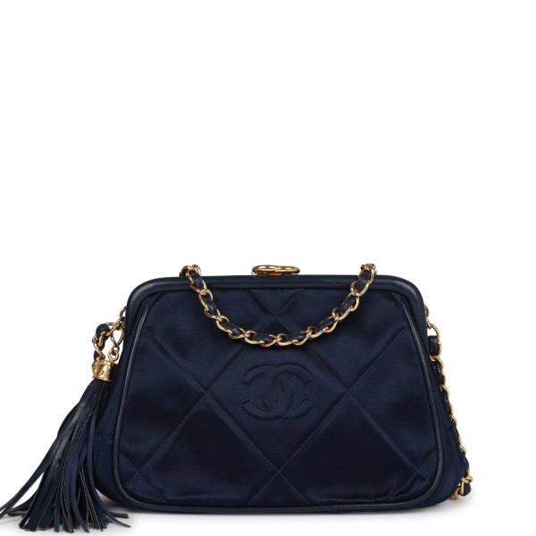 Vintage Chanel Frame Tassel Bag Navy Satin Gold Ha...
