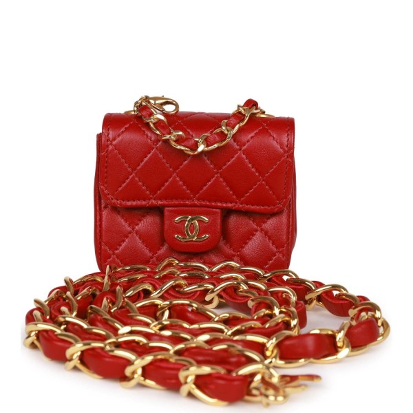 Vintage Chanel Micro Waist Flap Bag Red Lambskin G...