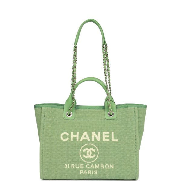 Chanel Small Deauville Shopping Bag Green Boucle Light Gold Hardware