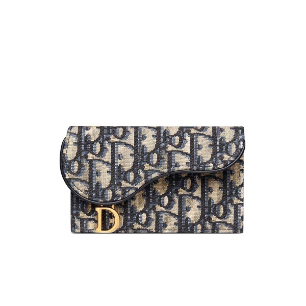 Dior Saddle Flap Compact Zipped Card Holder in Blue Dior Oblique Jacquard