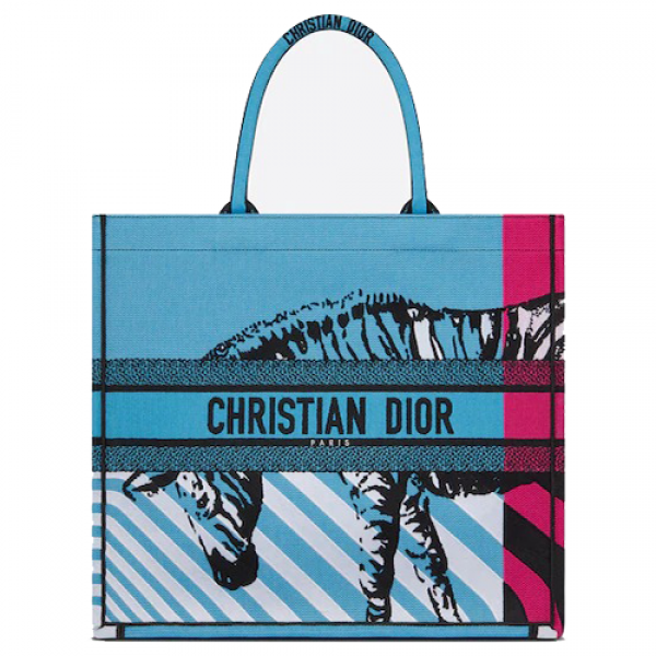 LARGE DIOR BOOK TOTE Bright Blue and Bright Pink D-Jungle Pop Embroidery