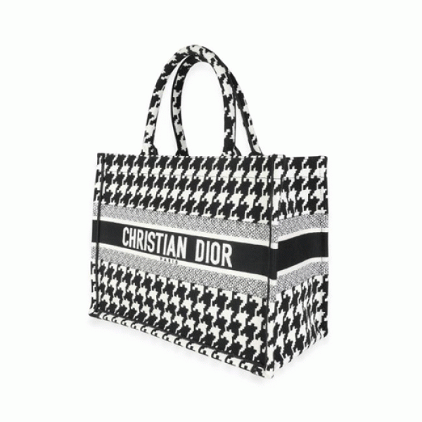 SMALL DIOR BOOK TOTE White Houndstooth  Embroidery