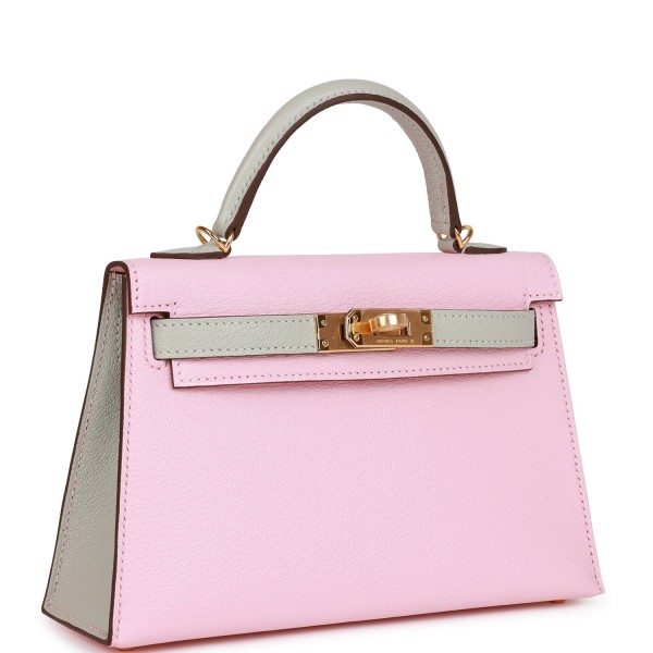 Herm&egrave;s Special Order (HSS) Kelly Sellier 20 Rose Sakura and Gris Perle Chevre Gold Hardware