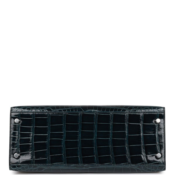 Herm&egrave;s Kelly Sellier 28 Tri-color Black, Vert Rousseau and Vert Bosphore Shiny and Matte Alligator Palladium Hardware