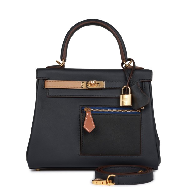 Herm&egrave;s Colormatic Kelly Retourne 25 Caban, Black and Chai Swift Gold Hardware