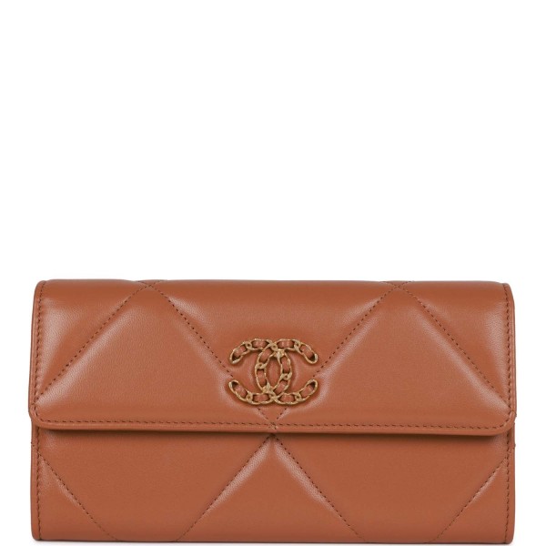 Chanel 19 Large Flap Wallet Brown Lambskin Gold Ha...